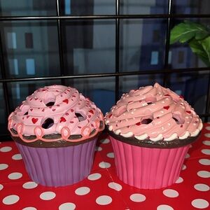 Set of Two Ganz Purple & Pink Decorative Cupcake Flower Arranger Trinket Boxes